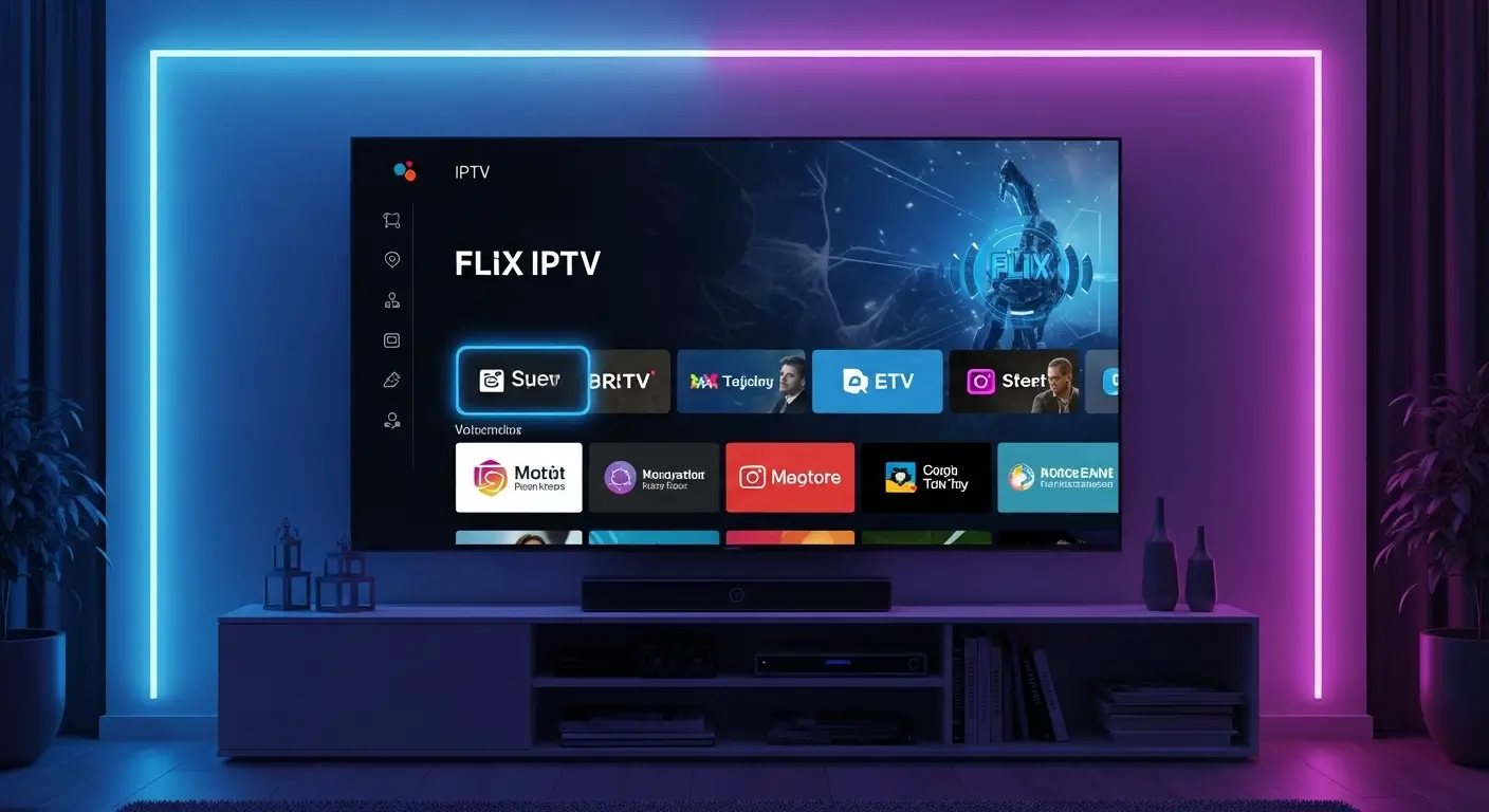 A modern smart TV displaying the Flix IPTV interface with organized streaming channels and a neon-lit entertainment setup.