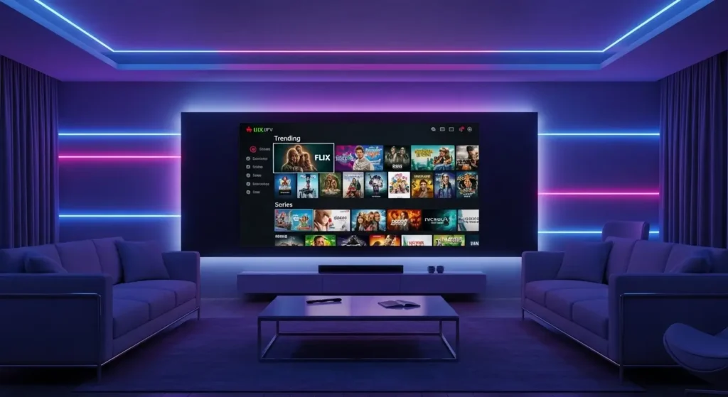 Smart TV mit Flix IPTV Interface, farbenfrohen Streaming-Kacheln und futuristischem Ambiente.