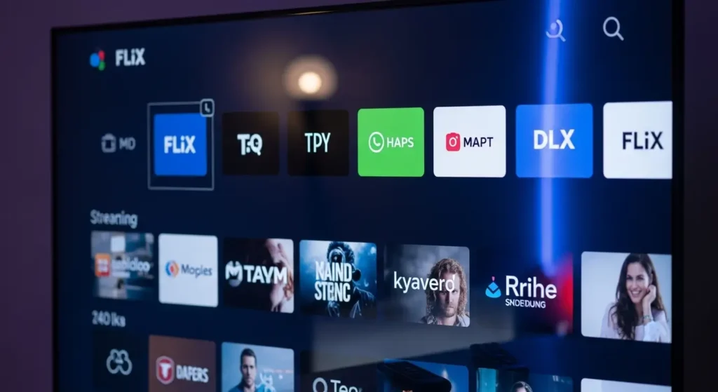 Nahaufnahme des Flix IPTV Interfaces auf einem Fernseher, modernes Design und intuitive Benutzeroberfläche.