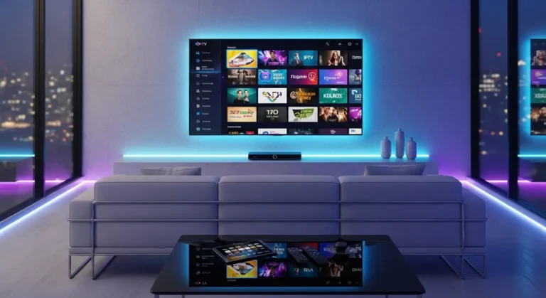 A modern smart TV showing a 4K IPTV interface with vivid streaming channels and neon-lit ambient lighting in a sleek living room.