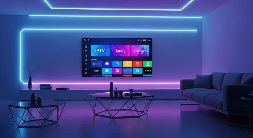 Nahaufnahme eines 4K Smart TVs mit IPTV-Oberfläche, klaren Icons und modernem Entertainment-Setup.