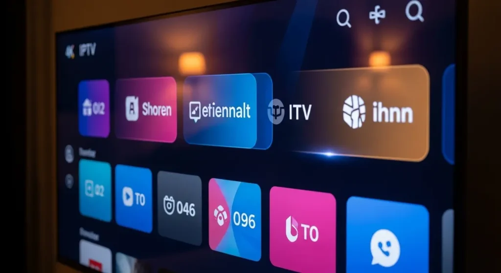 Smart TV zeigt 4K IPTV Interface mit farbenfrohen Streaming-Kacheln und futuristischer Beleuchtung.