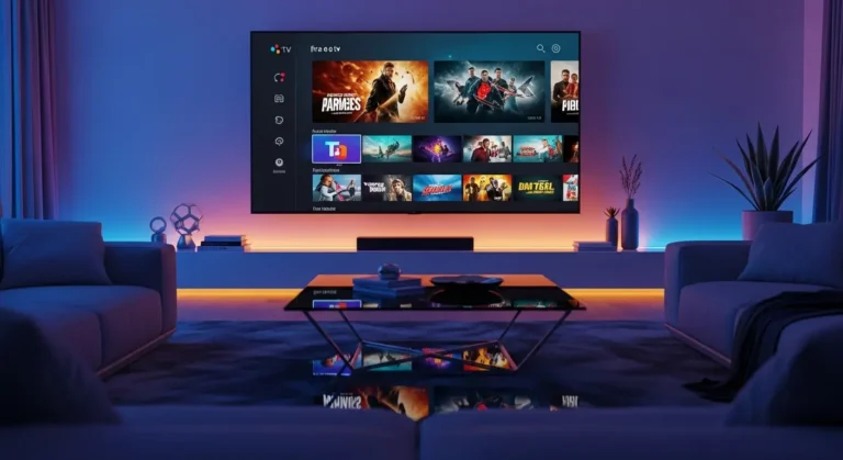 A Fire TV displaying an IPTV fire tv interface with colorful streaming channels in a modern living room with ambient neon lighting.