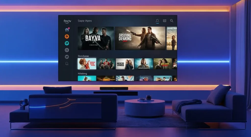 Nahaufnahme eines Fire TVs mit IPTV-Oberfläche, klaren Icons und futuristischem Entertainment-Setup.