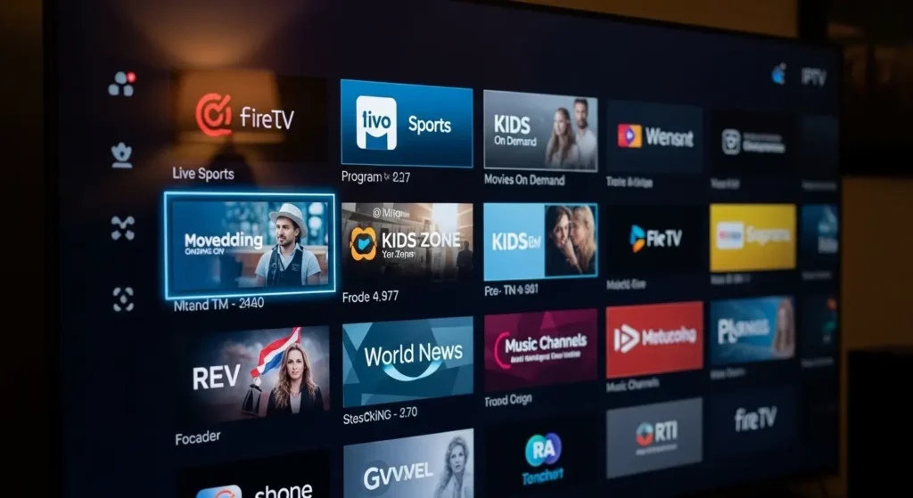 Fire TV zeigt IPTV Interface mit farbenfrohen Streaming-Kacheln in modernem Wohnzimmer mit Neonbeleuchtung.