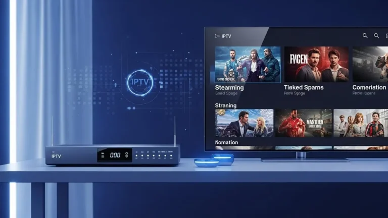 Moderner IPTV Receiver auf einem minimalistischen Schreibtisch, daneben ein großer Smart-TV mit leuchtenden Streaming-Inhalten.