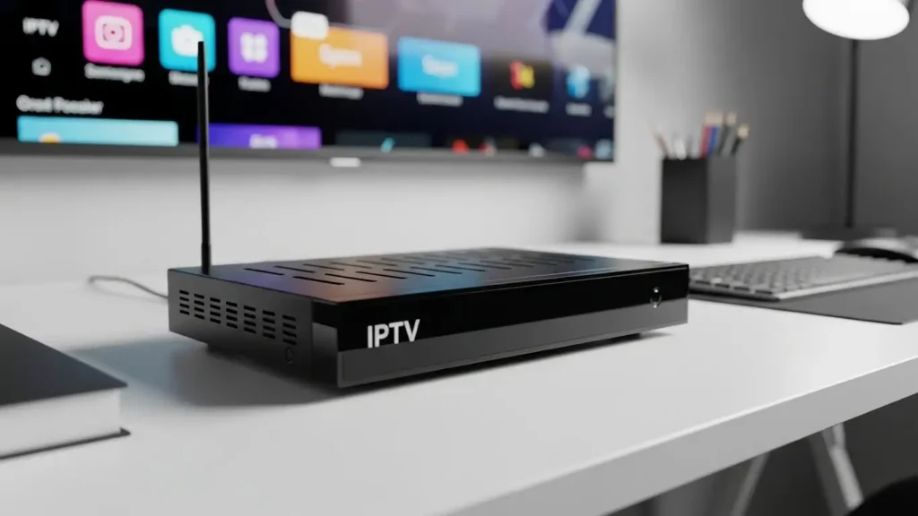 Moderner IPTV-Receiver auf einem weißen Schreibtisch mit Soft-Light-Beleuchtung.