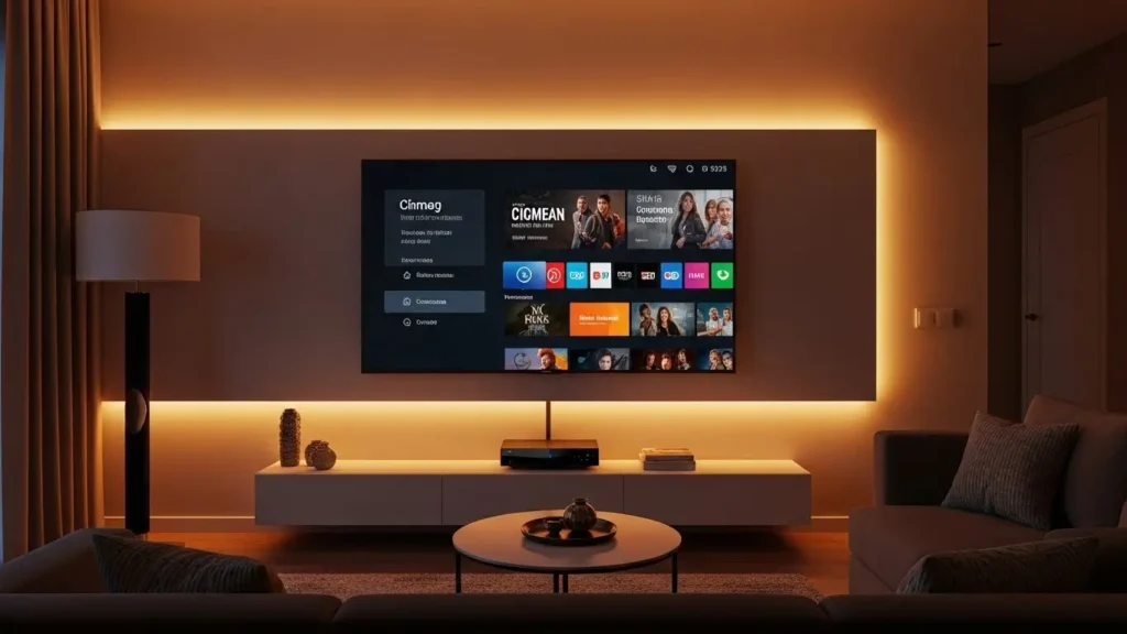 vWohnzimmer mit Smart-TV und IPTV-Receiver in gemütlicher, moderner Umgebung.