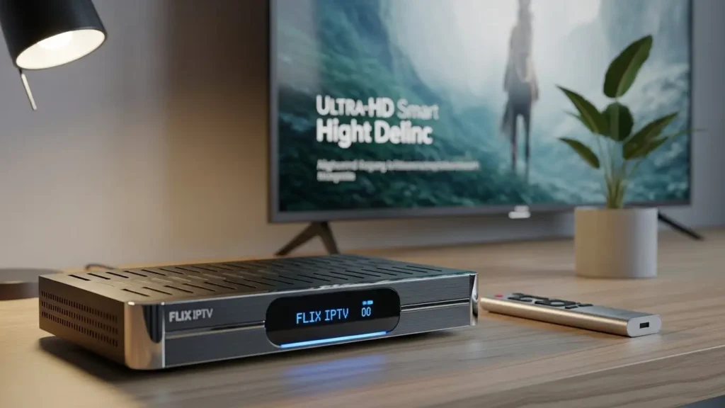 Eleganter Flix IPTV Receiver auf einem modernen Schreibtisch mit weicher LED-Beleuchtung.