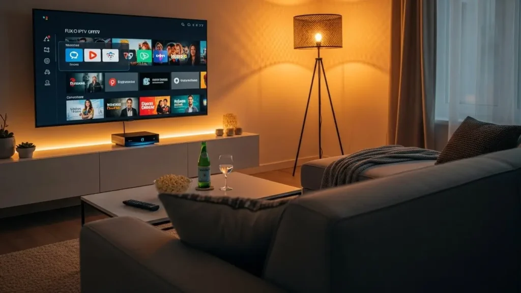 Wohnzimmer mit Smart-TV und Flix IPTV Receiver in gemütlicher, moderner Umgebung.