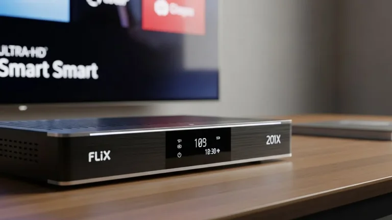 Moderner Flix-IPTV Receiver auf einem Schreibtisch neben einem Smart-TV mit bunten Streaming-Inhalten.
