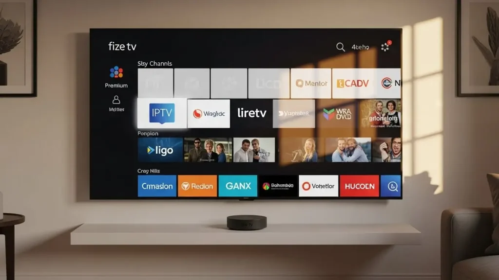 Fire TV remote and device with IPTV dashboard visible on a big screen.