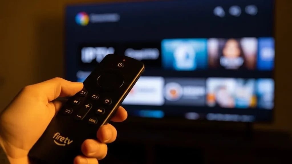 Fire TV showing a modern IPTV interface on a large 4K television.
