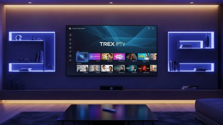 “Smart TV displaying TRex IPTV interface in a modern living room.”
