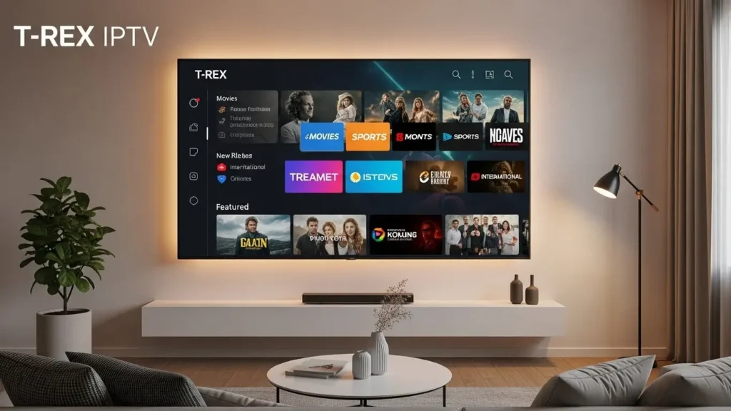 “Modern living room with smart TV showing T-Rex IPTV interface.”
