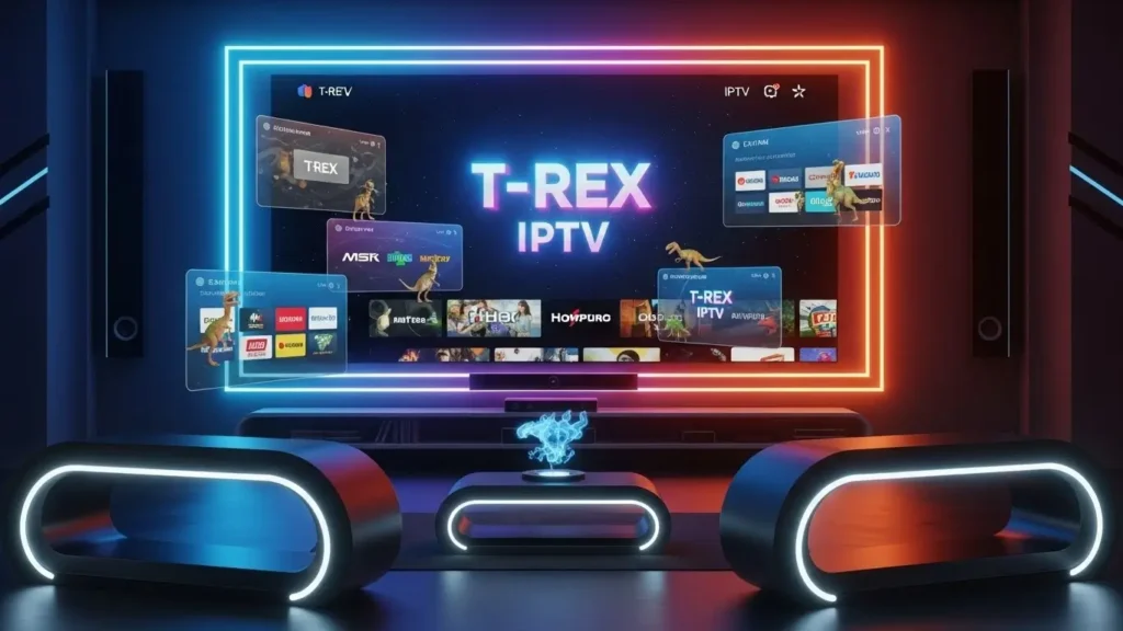 “Futuristic smart TV displaying T-Rex IPTV with neon holographic interface.”