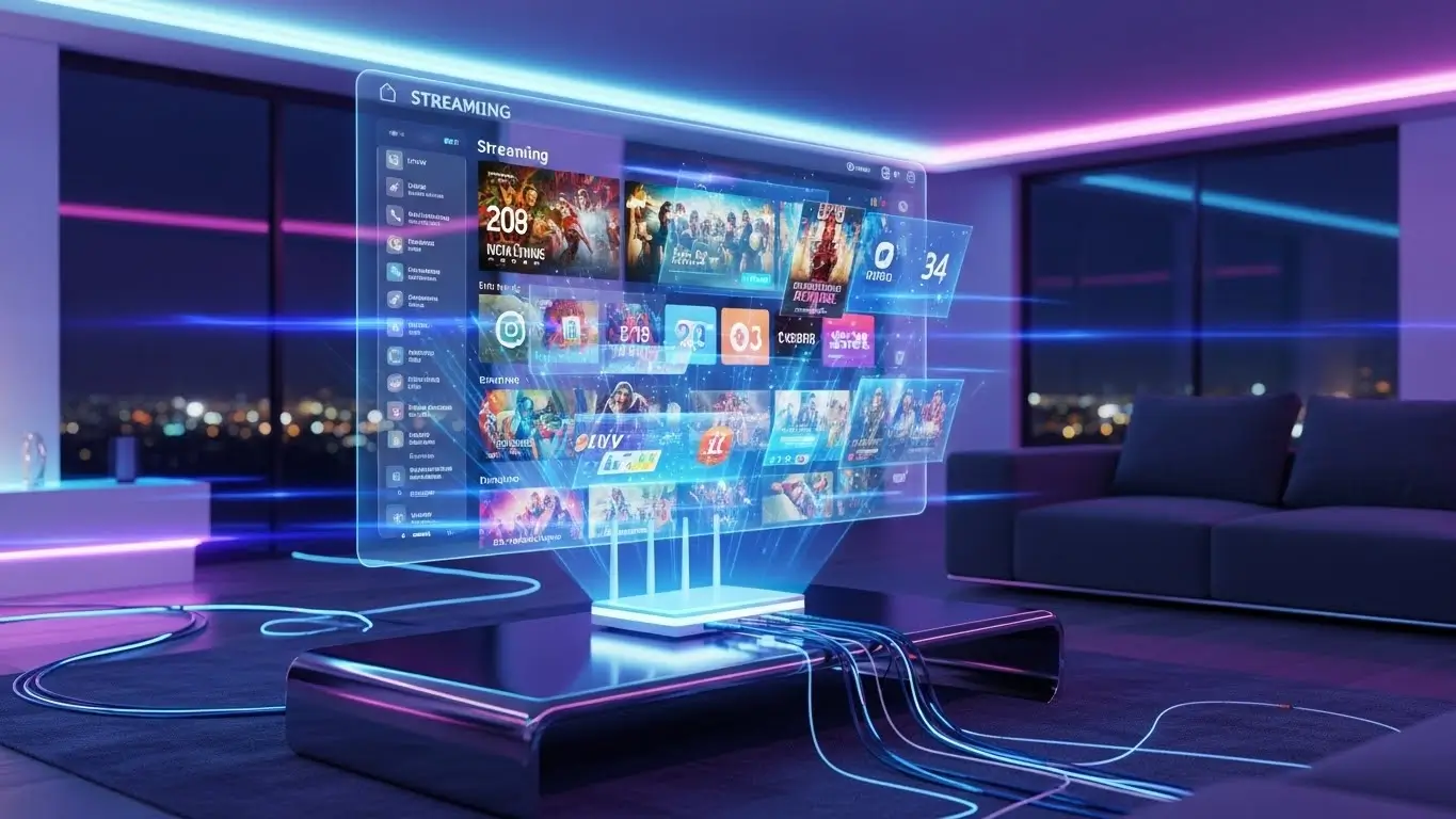 Ein futuristisches set IPTV-Setup mit einem holografischen Bildschirm, der mehrere Streaming-Kanäle in einem modern beleuchteten Wohnzimmer zeigt.