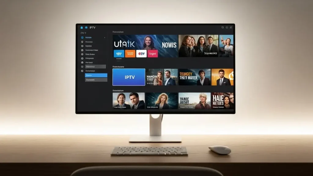 Ein moderner Arbeitsplatz mit einem ultradünnen 4K-Monitor, auf dem eine klare IPTV-Streamingoberfläche angezeigt wird.