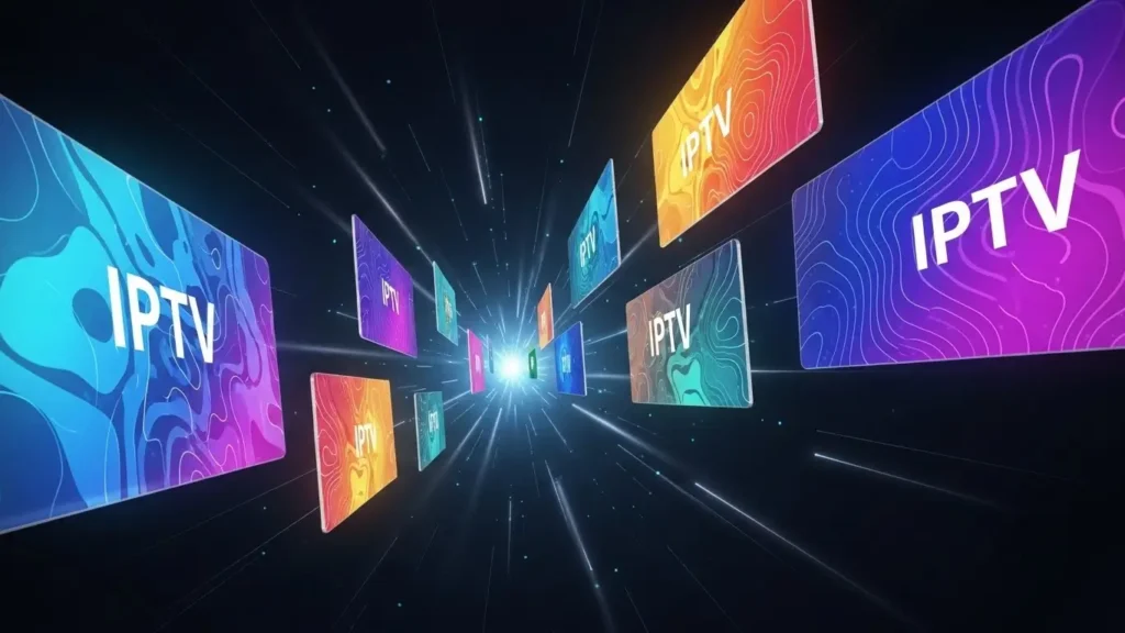 Ein futuristisches IPTV-Werbebild mit schwebenden Streaming-Kacheln vor einem dunklen High-Tech-Hintergrund.