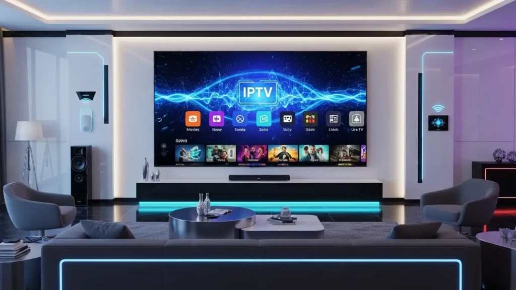 „Minimalistische IPTV-App mit sortierten Kanälen und Streaming-Kacheln auf einem Bildschirm.“