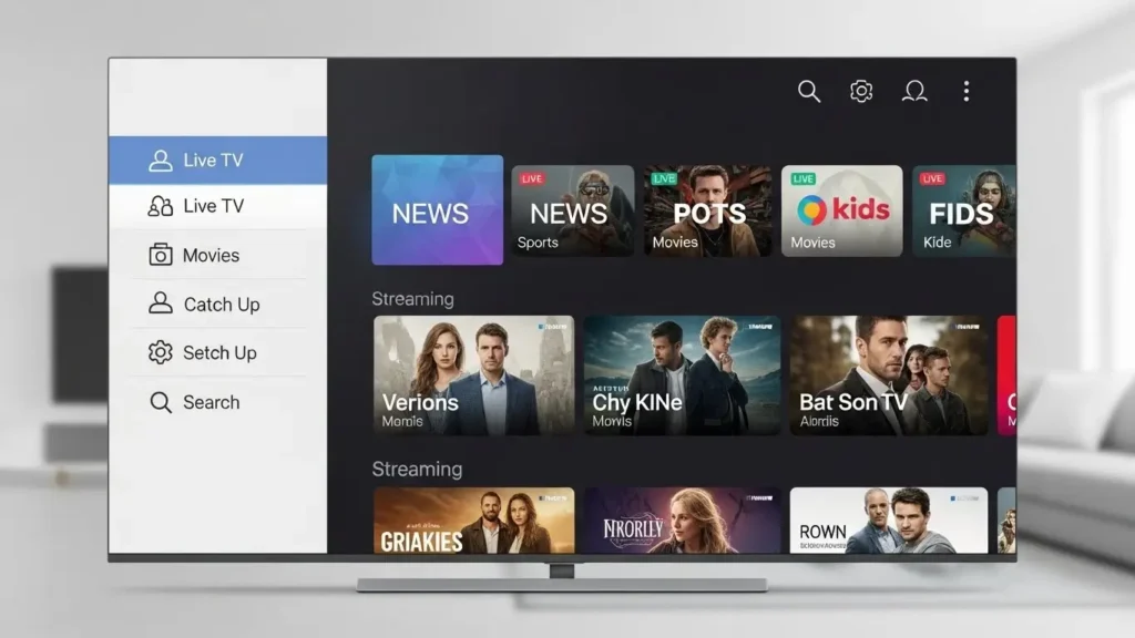 „Smart-TV mit moderner IPTV-Streaming-Oberfläche und digitaler Senderauswahl.“