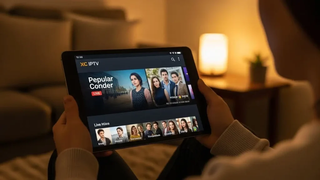 Minimalistische XC IPTV App mit strukturierten Kanälen und Streaming-Kacheln.