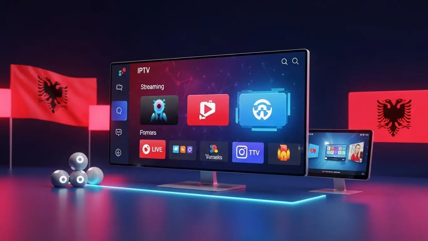 Modern iptv shqip interface with live streaming and on-demand content, featuring Albanian colors and cultural elements.