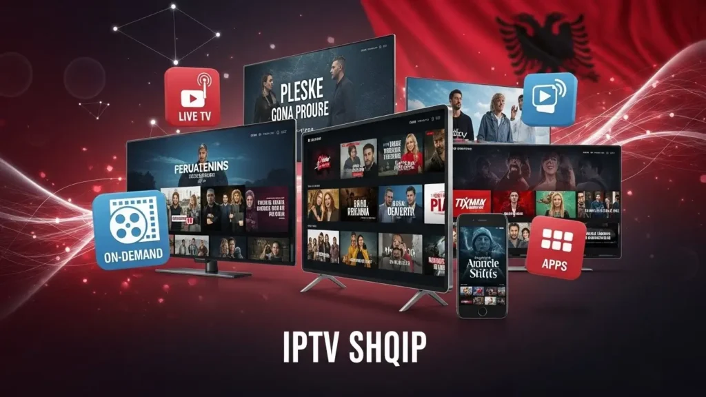 "Smart TV displaying Albanian IPTV channels with live streaming and on-demand content."