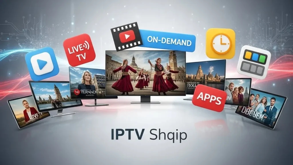 "Multiple devices streaming Albanian TV channels on IPTV platform with sleek interface."